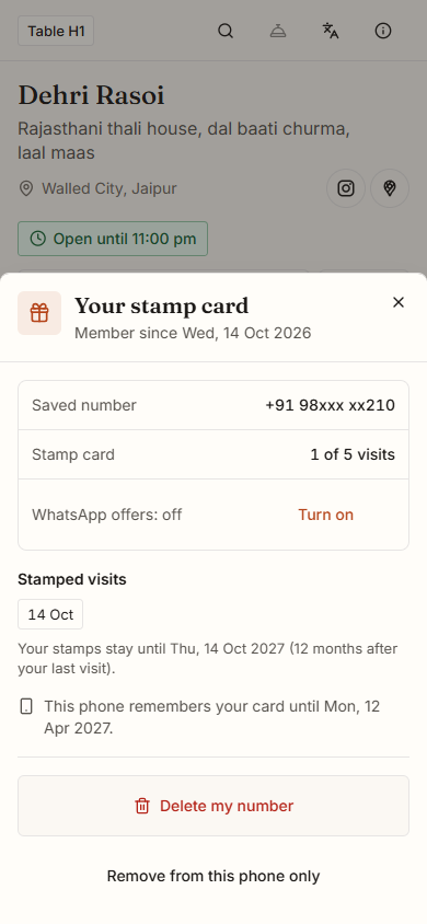 Guest stamp card with 1 of 5 stamps